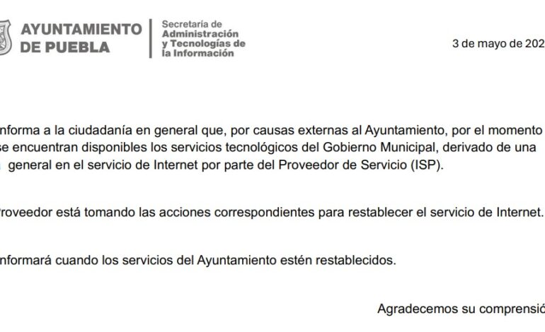 Caen servicios en línea del Ayuntamiento de Puebla