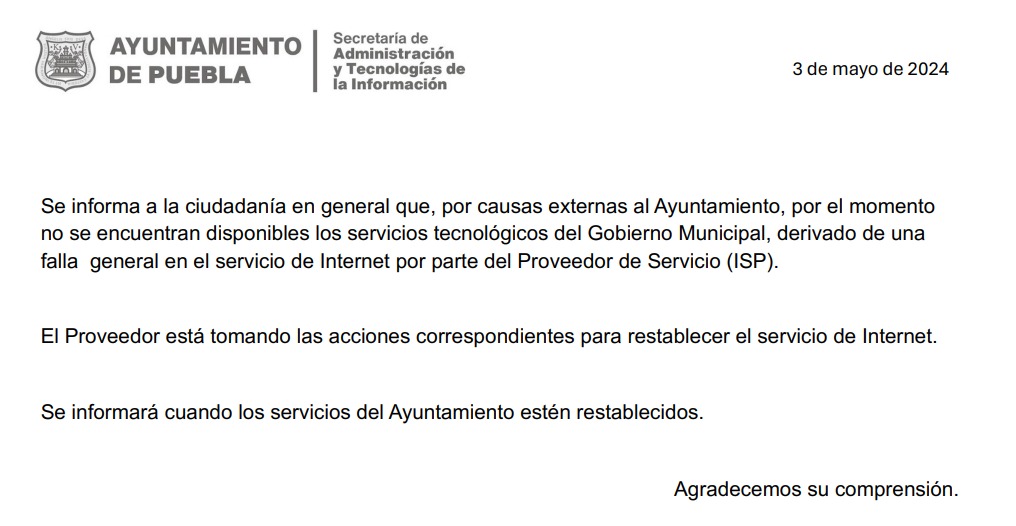 Caen servicios en línea del Ayuntamiento de Puebla