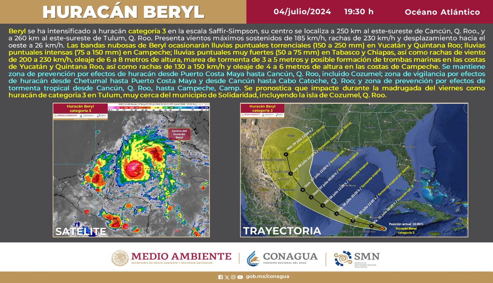 Huracán Beryl se intensifica a categoría 3