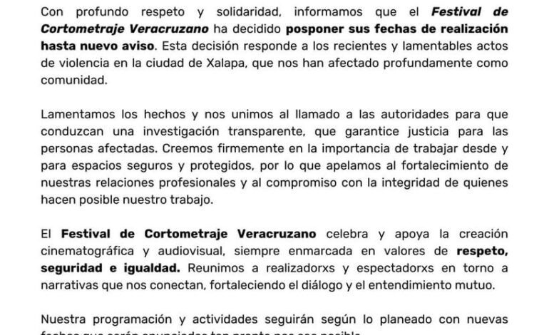 Festival de Cortometraje Veracruzano se pospone por violencia en Xalapa