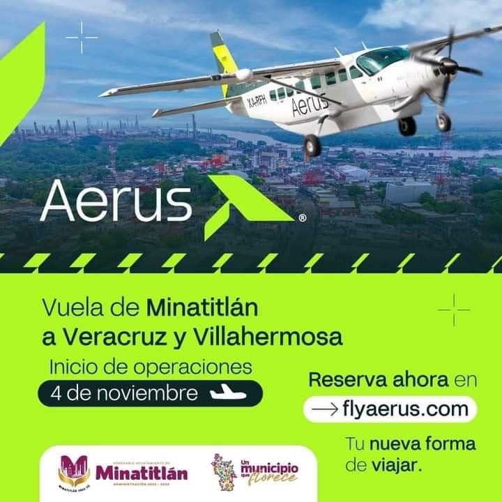 Nuevas rutas aéreas de Aerus: Minatitlán, Veracruz y Villahermosa