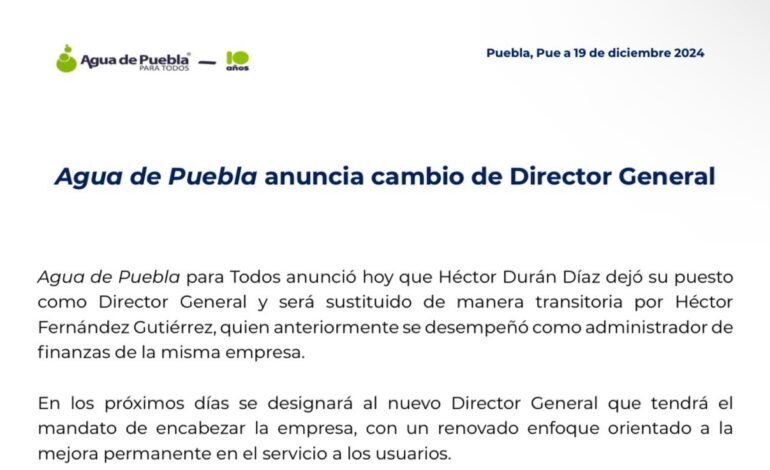 ¡Adiós! Renuncia Héctor Durán Díaz como director de Agua de Puebla