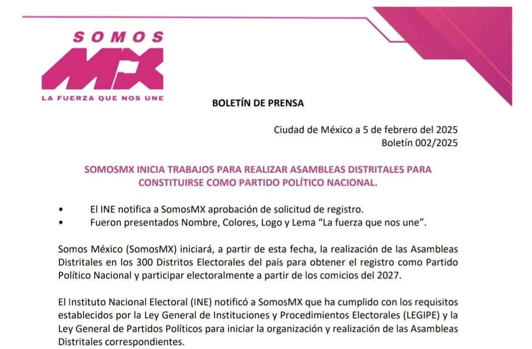 SomosMX inicia trabajos para realizar asambleas distritales para constituirse como partido político